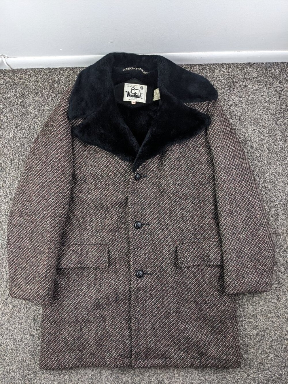 Vintage Woolrich Coat Jacket Tweed Car Fur Lined Collar Mens Sz 40 Mod 70s 60s